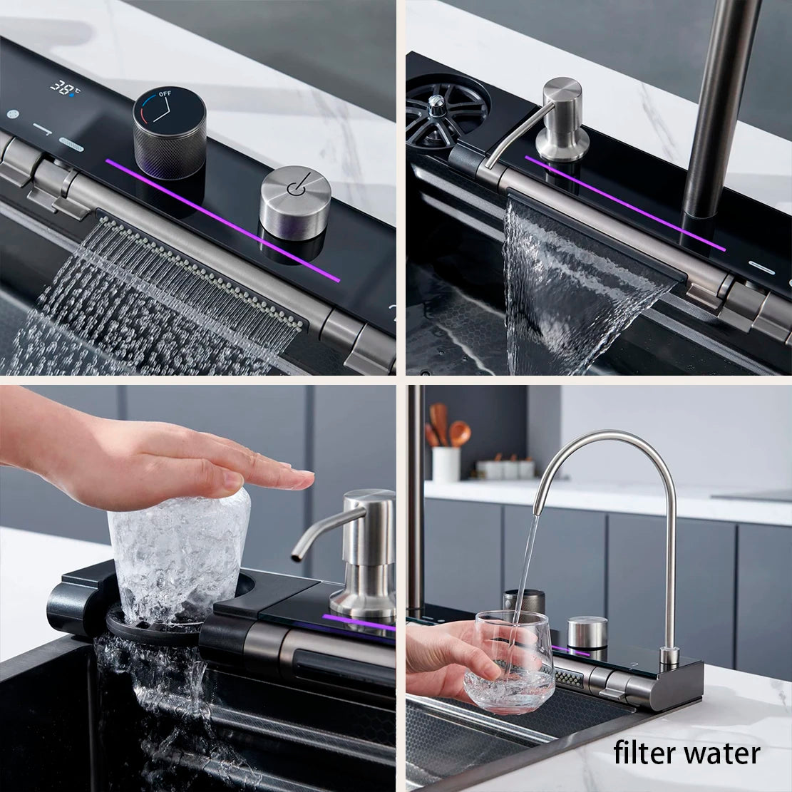 Stainless Steel Kitchen Waterfall Sink Digital Display Large Single Sink Dish Basin Sink Purification water Cup Washer Crane