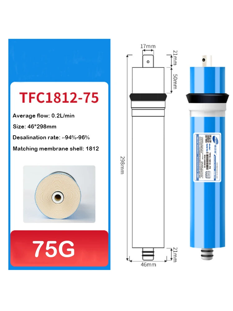 50G/75G/100G/150G Home Kitchen Reverse Osmosis RO Membrane Replacement Water System Filter Purifier Water Drinking Treatment
