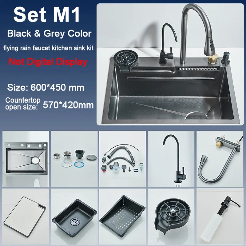 Single Slot Kitchen Sink with Faucet 304 Stainless Steel Large 60x45cm Rainfall 4 Functions Sink with Soap Dispenser,Cup Washer