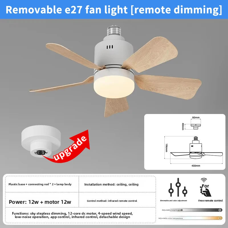E27 Socket Fan Light Detachable LED Ceiling Fan Light Living Room Dining Room Remote Control 4-speed Dimming Ceiling Fan