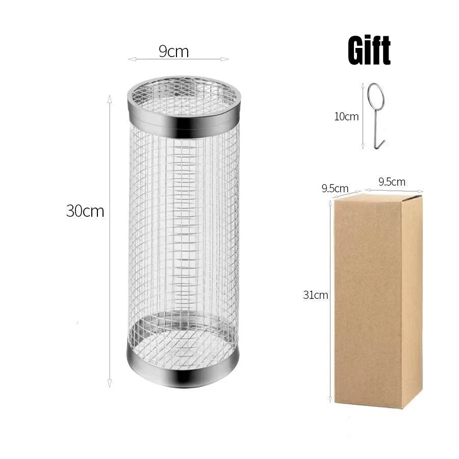 BBQ Basket Stainless Steel Rolling Grilling Basket Wire Mesh Cylinder Grill Basket Portable Round Outdoor Camping Barbecue Rack
