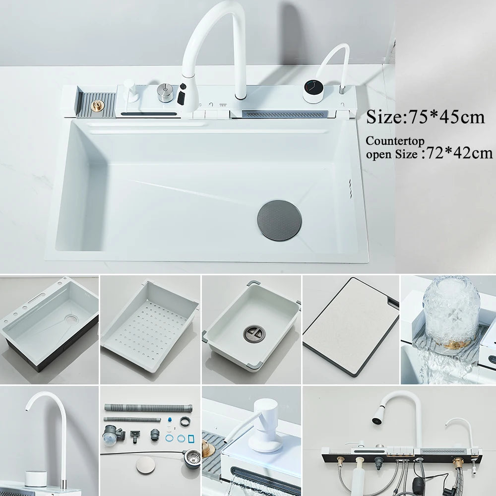 304 Stainless Steel Waterfall Kitchen Sink Large Single Slot Integrated Digital Display Faucet Set Soap Dispenser 75*45cm