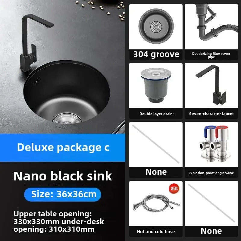 Black Round Bar Sink Nano Stainless Steel Single Basin Small Kitchen Dishwashing and Vegetable Washing Sink kitchen sink cocina