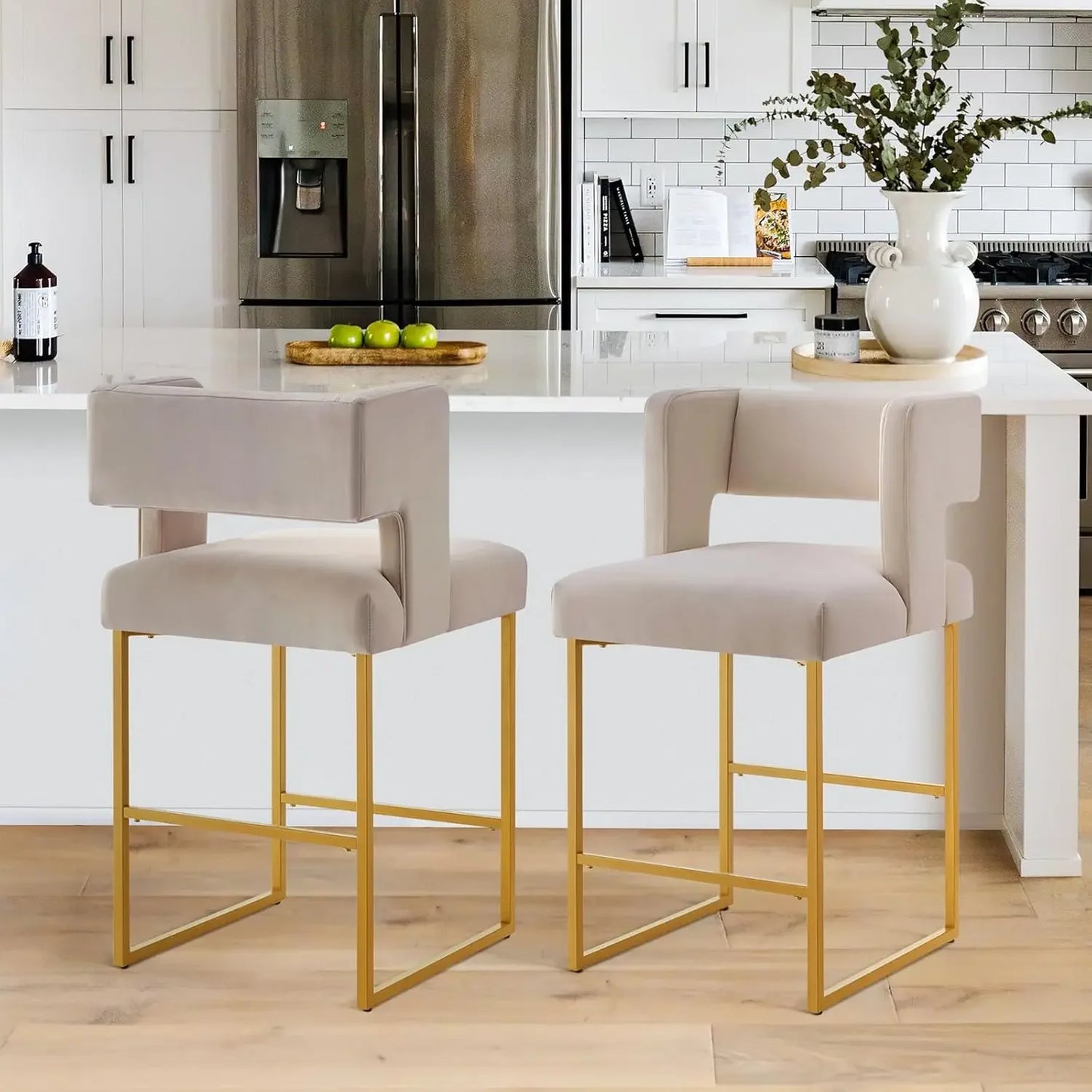 26" H Counter Height Bar Stools Set of 4, Modern Velvet Bar Stools with Square Open Backrest and Gold Metal Frame