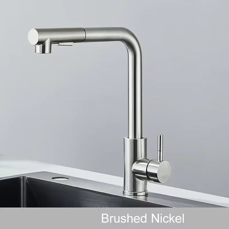 Upgraded Black Silver Pull Out Kitchen Faucet Dual Mode Telescopic Rotary Stainless Steel Hot Cold Water Faucet for Kitchen