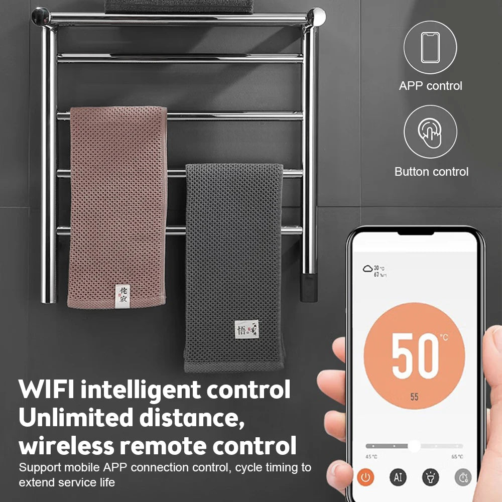 WiFi Electric Towel Warmer Rack 45W 24V 4 Bars Towel Warmer with Top Shelf Timer Wall Mounted IPX4 Waterproof Heated Towel Racks