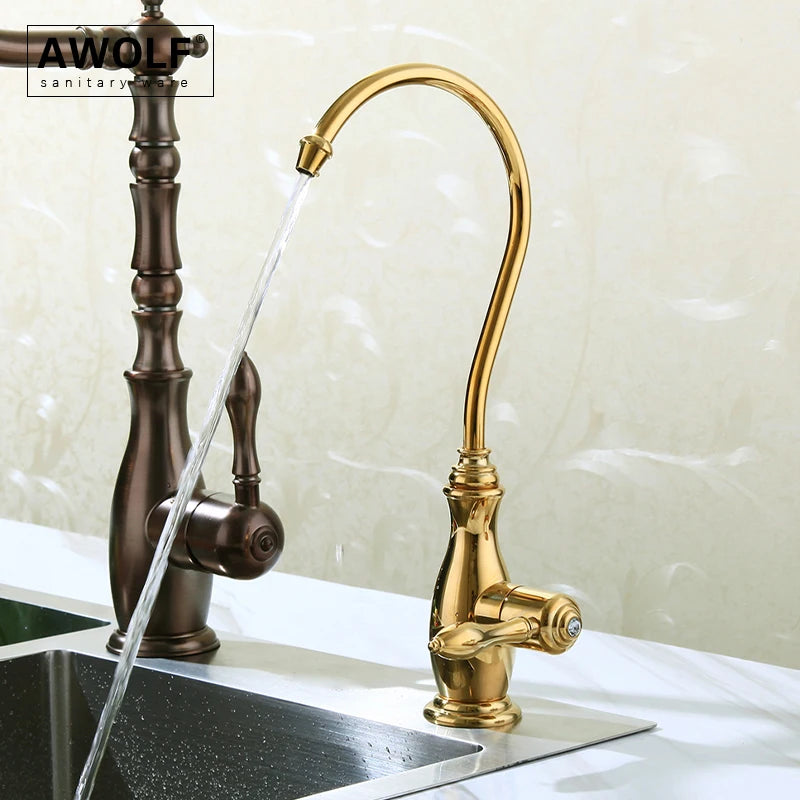 Awolf Kitchen Purifier Direct Drinking Faucet Solid Brass Kitchen Sink Tap for Cold Water Brushed Bronze Chrome / Gold WF010