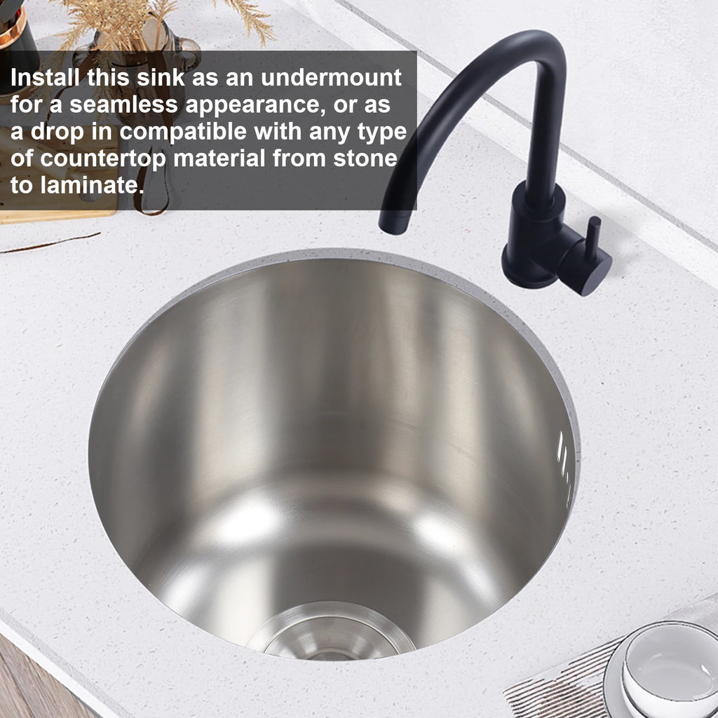 Kitchen Round Sink Mini Round Kitchen Sink Stainless Steel Bar Round Basin with Drainpipe Fitting 30cm Diameter Bar Round Sink