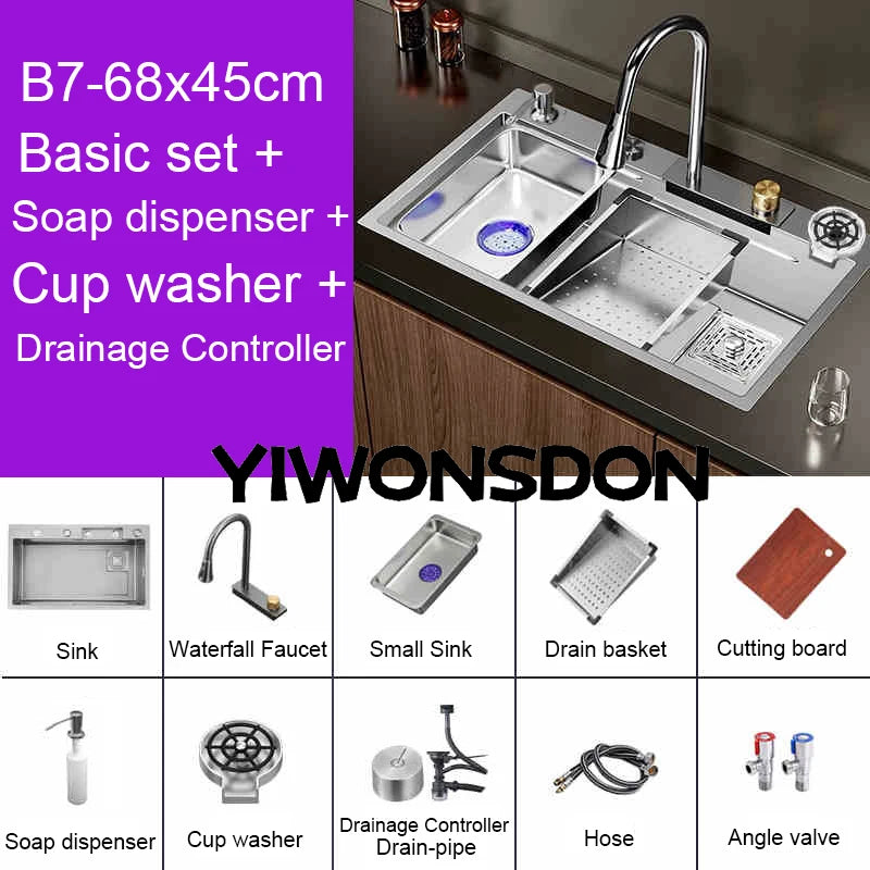 Multifunction Brushed Nano Kitchen Sink Waterfall Faucet Large Single Bowl Cup Washer Pure Tap Soap Dispenser Stainless Steel