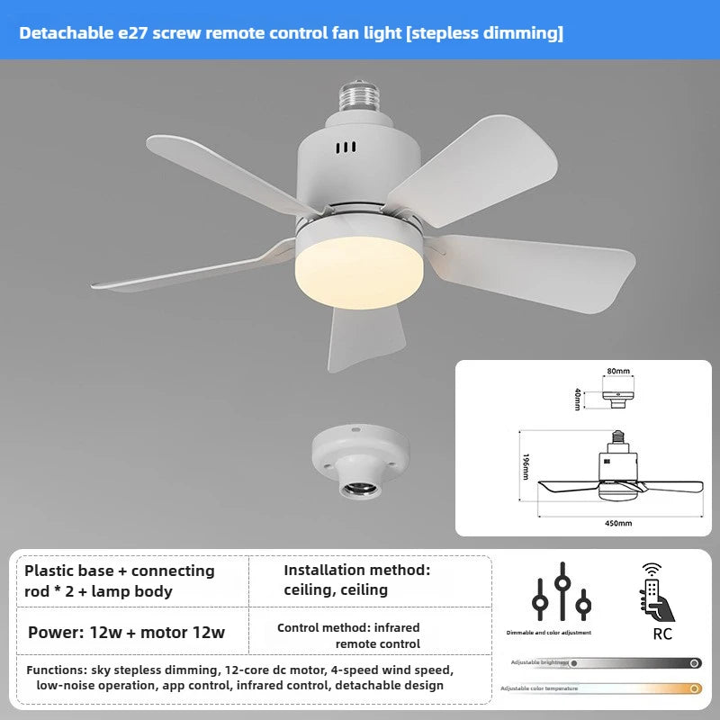 E27 Socket Fan Light Detachable LED Ceiling Fan Light Living Room Dining Room Remote Control 4-speed Dimming Ceiling Fan