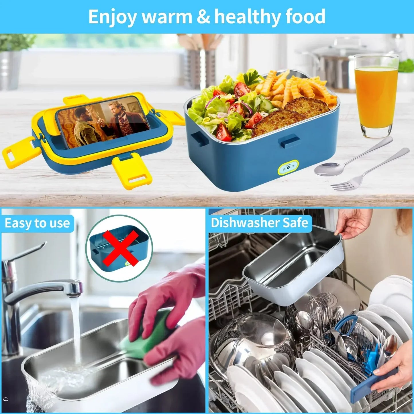1.8L Electric Lunch Box 60W Food Heated 12V-24V 2-In-1 Portable Food Warmer Heater for Car/Truck/Home Self in-car Heating Box