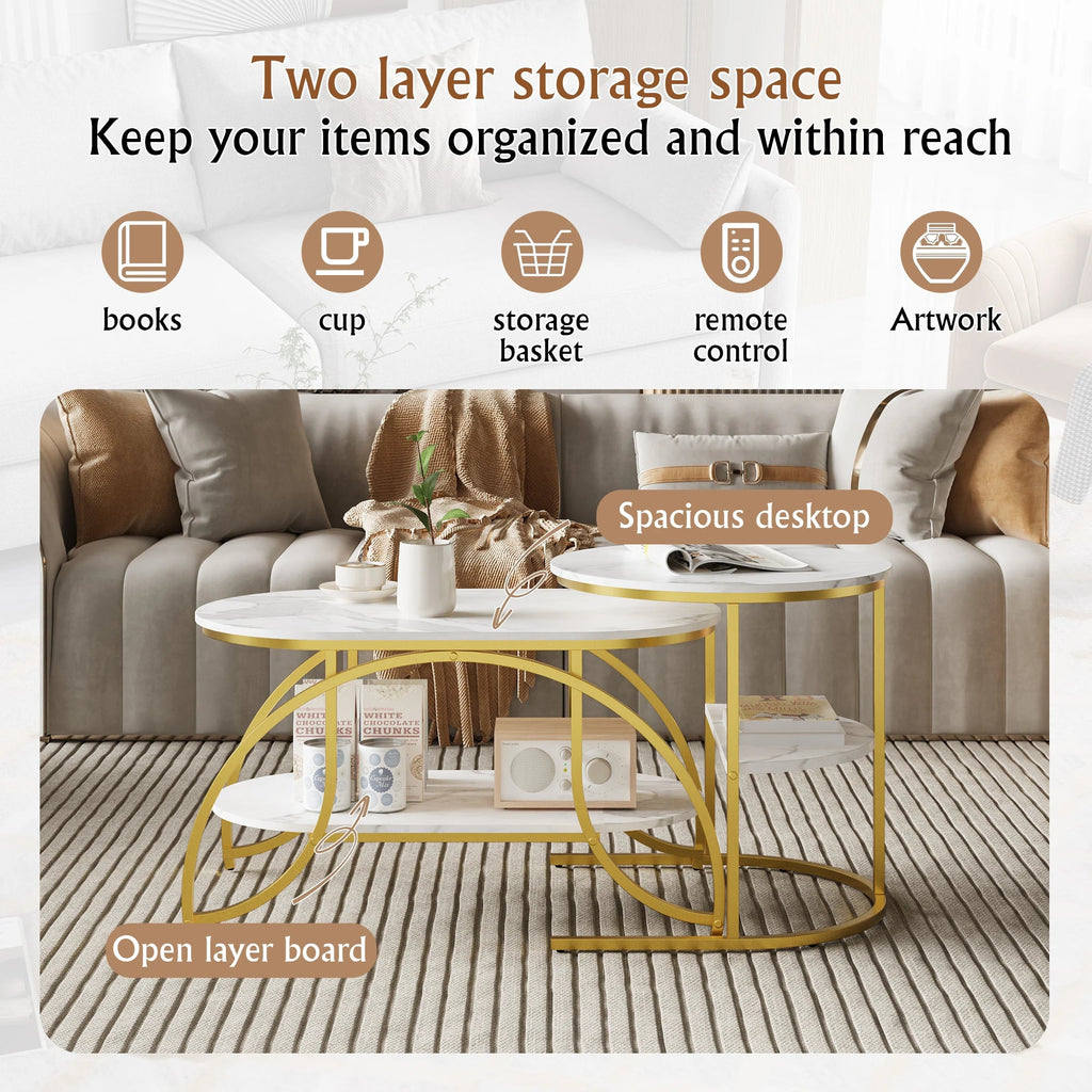 Anajqaqia Round Coffee Table set of 2, Modern Sofa Table, Side Table with Metal Frame, Marble Texture Design, for Living Room - Recipeliebe.com