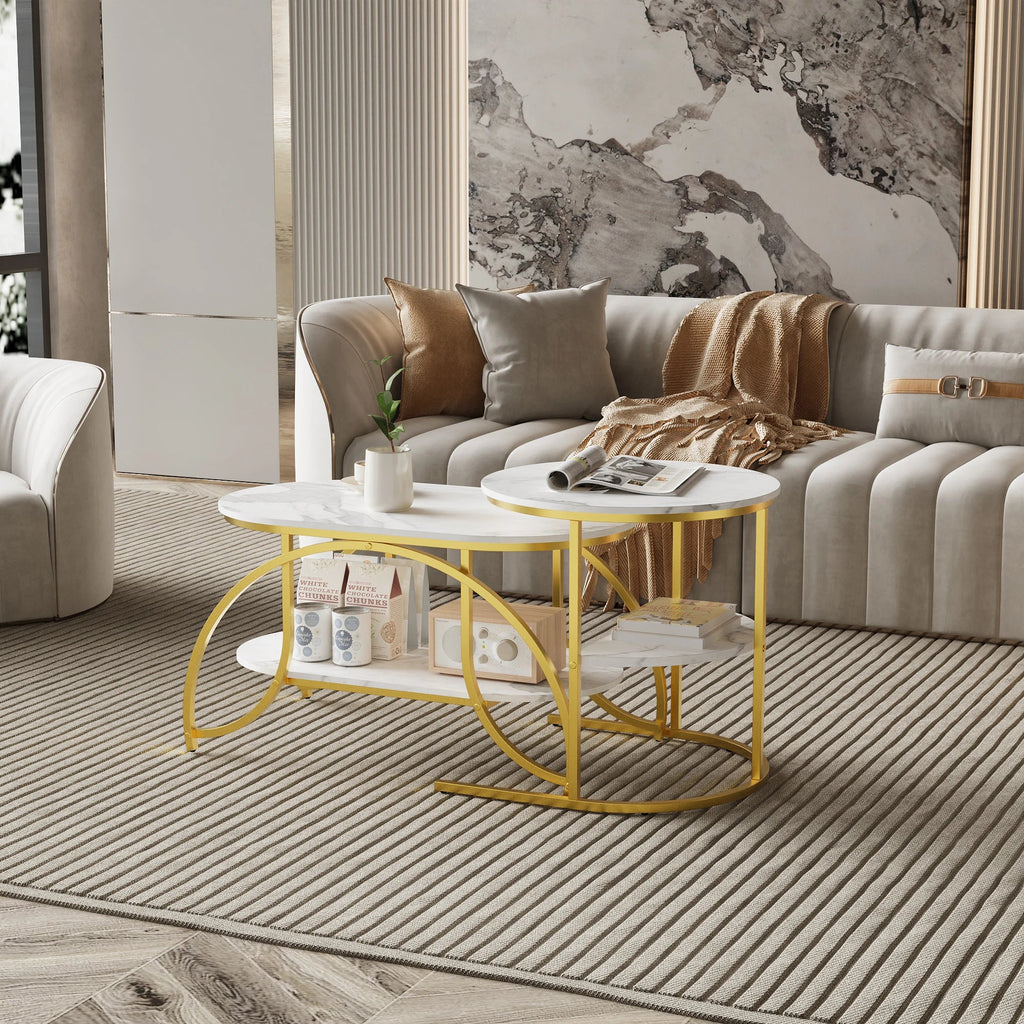 Anajqaqia Round Coffee Table set of 2, Modern Sofa Table, Side Table with Metal Frame, Marble Texture Design, for Living Room - Recipeliebe.com