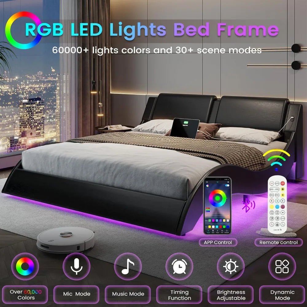 Bed Frame with Led Lights and Charging Ports Modern Faux Leather Upholstered Queen Size Platform Bed with Headboard Wave - Recipeliebe.com