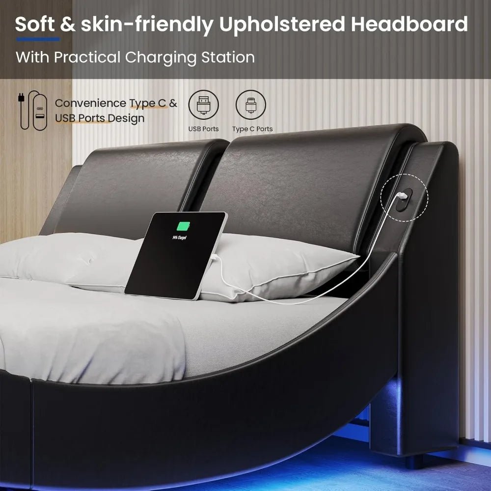 Bed Frame with Led Lights and Charging Ports Modern Faux Leather Upholstered Queen Size Platform Bed with Headboard Wave - Recipeliebe.com