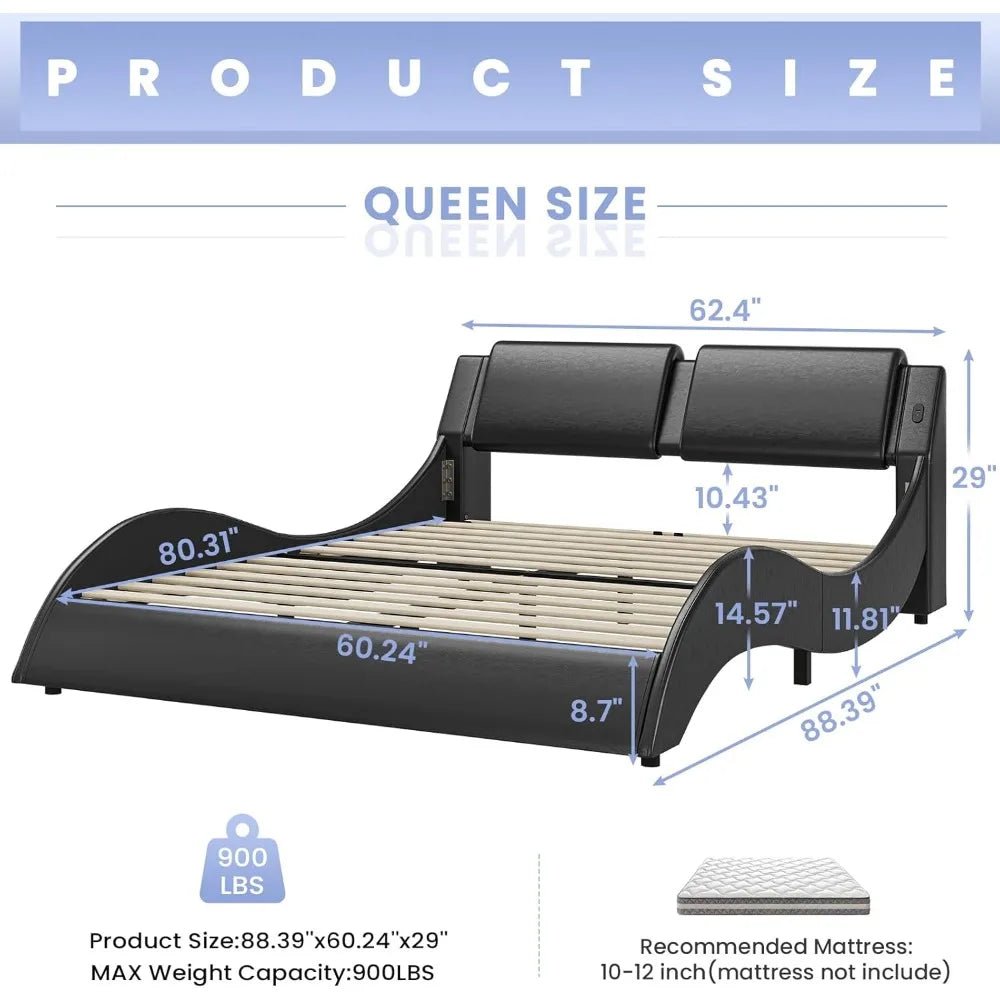Bed Frame with Led Lights and Charging Ports Modern Faux Leather Upholstered Queen Size Platform Bed with Headboard Wave - Recipeliebe.com