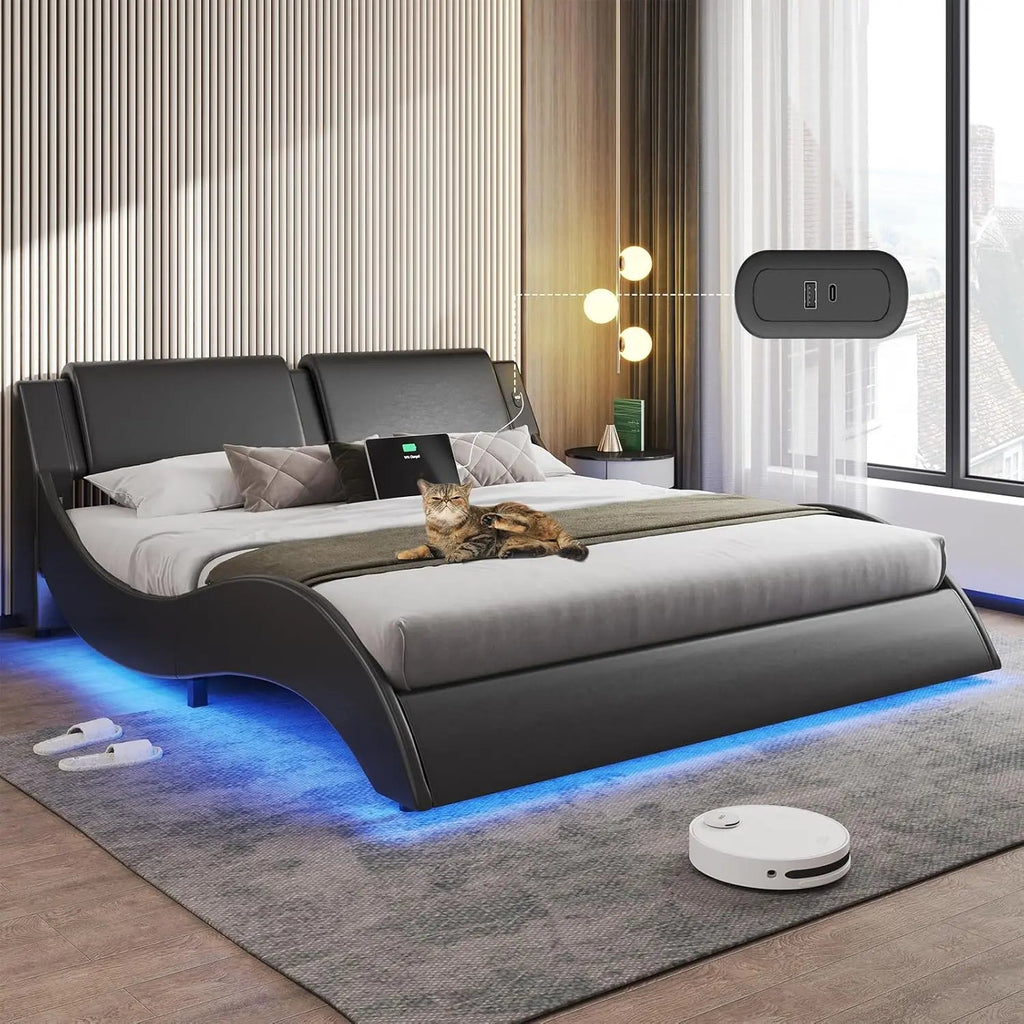 Bed Frame with Led Lights and Charging Ports Modern Faux Leather Upholstered Queen Size Platform Bed with Headboard Wave - Recipeliebe.com
