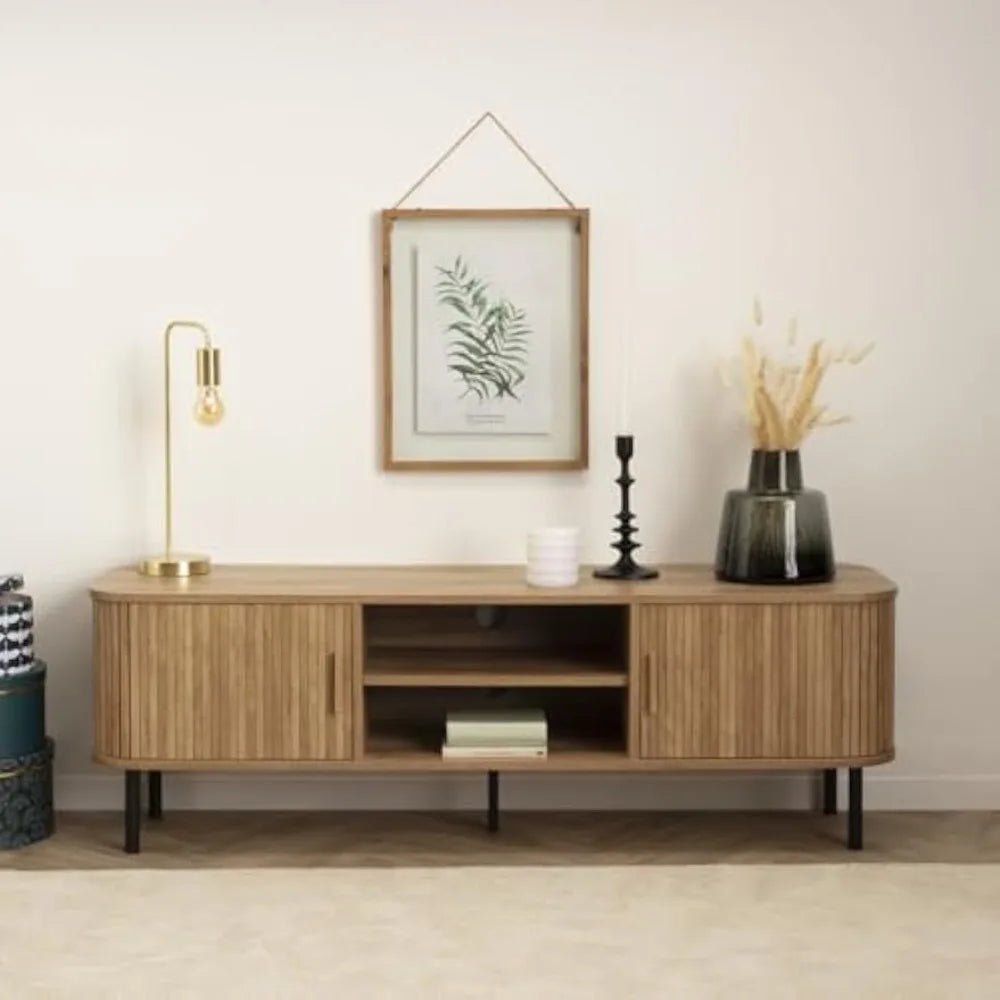 Colva TV Stand with 2 Sliding Doors – Adjustable Shelf – Storage 4 Compartments for Room, - Recipeliebe.com