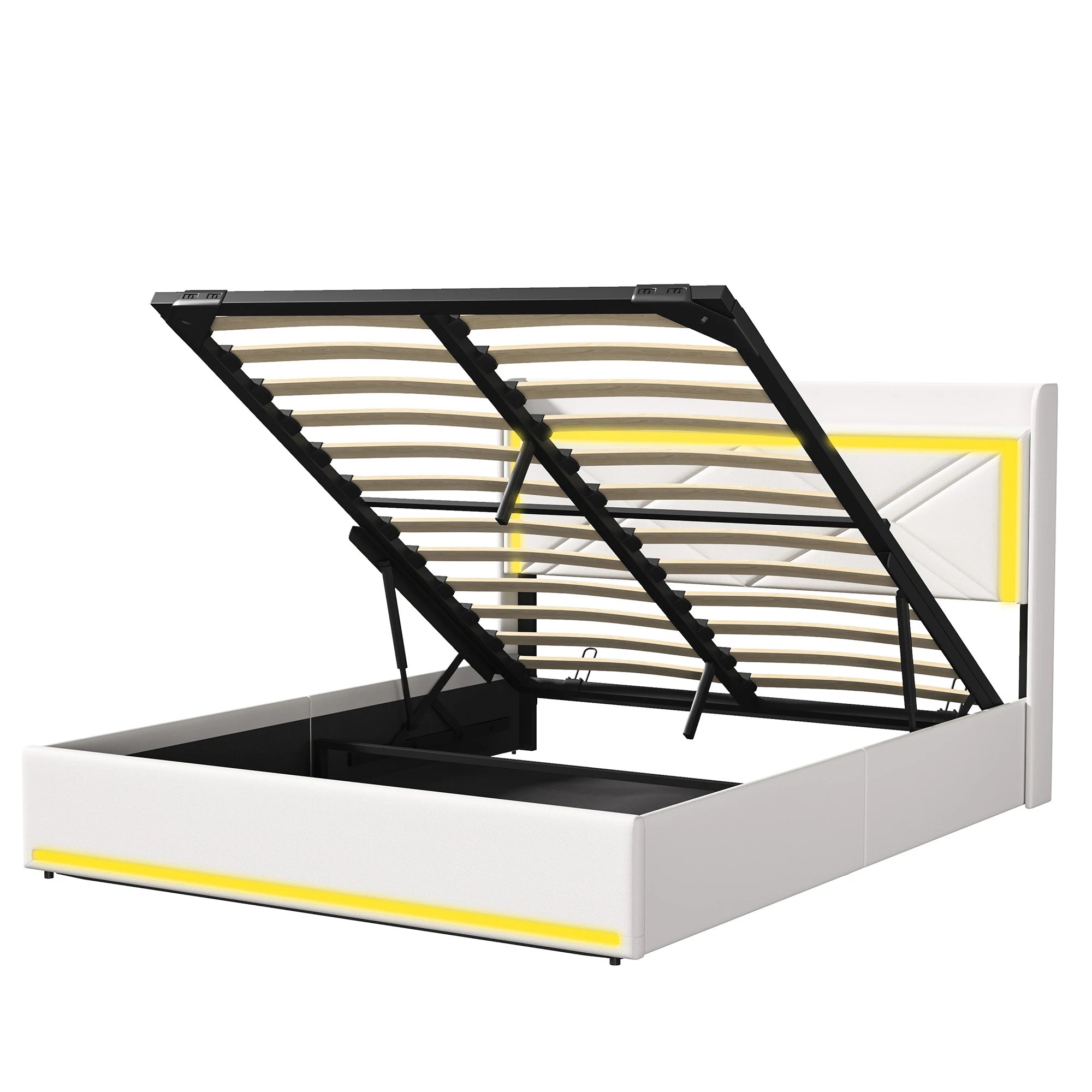 Comanlai Upholstered Bed, 160 x 200 cm, with LED and USB, Hydraulic Storage Bed,with Storage Space and Slatted Frame, PU,White - Recipeliebe.com