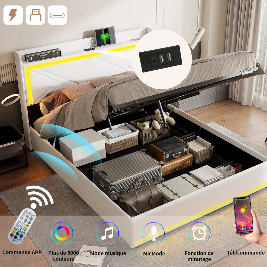 Comanlai Upholstered Bed, 160 x 200 cm, with LED and USB, Hydraulic Storage Bed,with Storage Space and Slatted Frame, PU,White - Recipeliebe.com