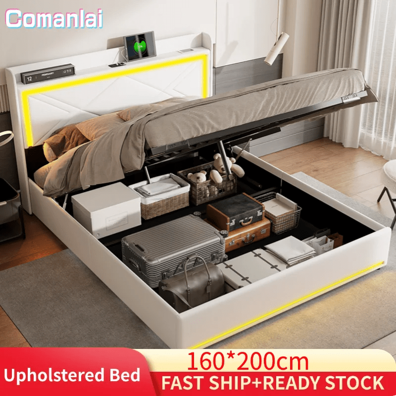 Comanlai Upholstered Bed, 160 x 200 cm, with LED and USB, Hydraulic Storage Bed,with Storage Space and Slatted Frame, PU,White - Recipeliebe.com