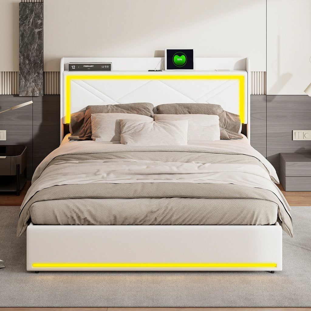 Comanlai Upholstered Bed, 160 x 200 cm, with LED and USB, Hydraulic Storage Bed,with Storage Space and Slatted Frame, PU,White - Recipeliebe.com