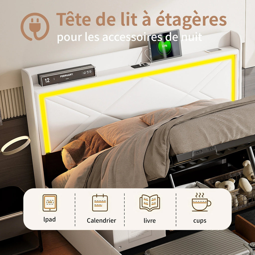 Comanlai Upholstered Bed, 160 x 200 cm, with LED and USB, Hydraulic Storage Bed,with Storage Space and Slatted Frame, PU,White - Recipeliebe.com
