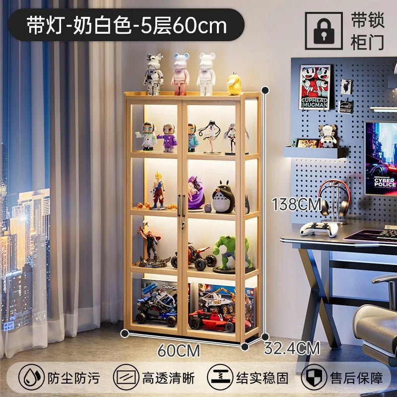 Display Cabinet Acrylic Curio Cabinet with Lock Glass Display Cabinet Natural Bamboo Glass Cabinet Easy to Install，With Lights - Recipeliebe.com