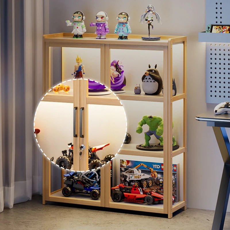 Display Cabinet Acrylic Curio Cabinet with Lock Glass Display Cabinet Natural Bamboo Glass Cabinet Easy to Install，With Lights - Recipeliebe.com