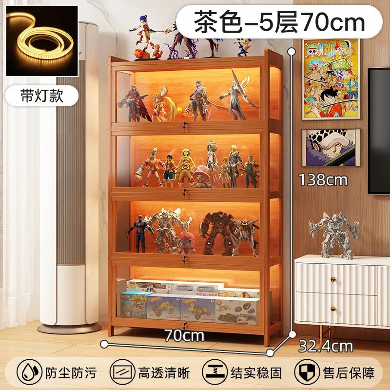 Display Cabinet Acrylic Curio Cabinet with Lock Glass Display Cabinet Natural Bamboo Glass Cabinet Easy to Install，With Lights - Recipeliebe.com