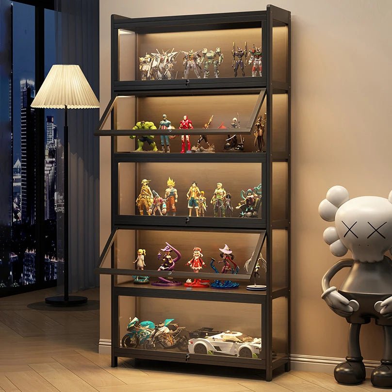 Display Cabinet Acrylic Curio Cabinet with Lock Glass Display Cabinet Natural Bamboo Glass Cabinet Easy to Install，With Lights - Recipeliebe.com