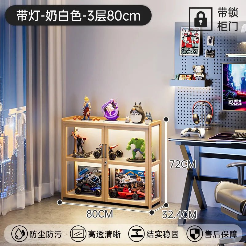 Display Cabinet Acrylic Curio Cabinet with Lock Glass Display Cabinet Natural Bamboo Glass Cabinet Easy to Install，With Lights - Recipeliebe.com