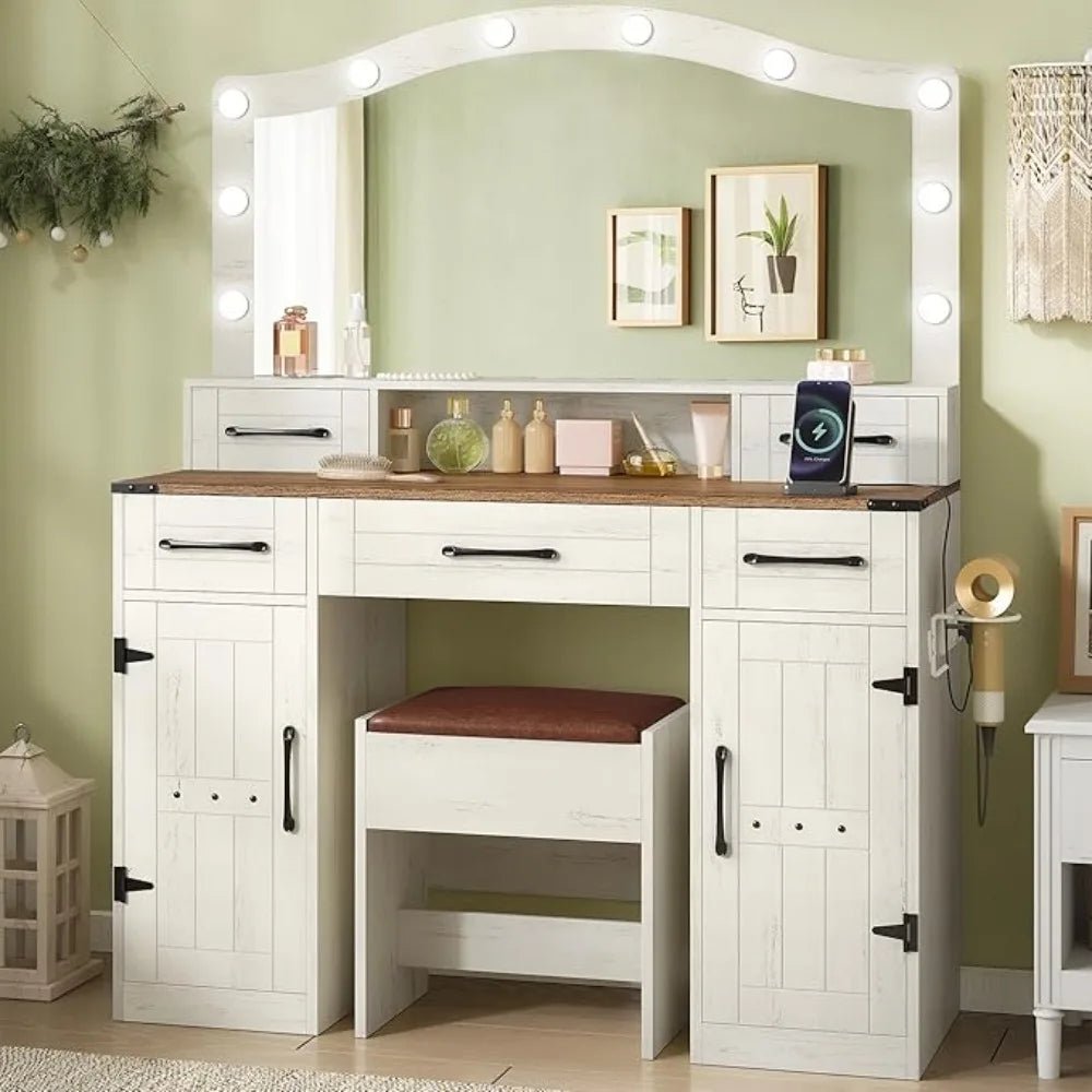 Dressing Table, with Large Mirror and LED Light, Dressing Table with Stool, Outlet and Hairdryer Holder - Recipeliebe.com