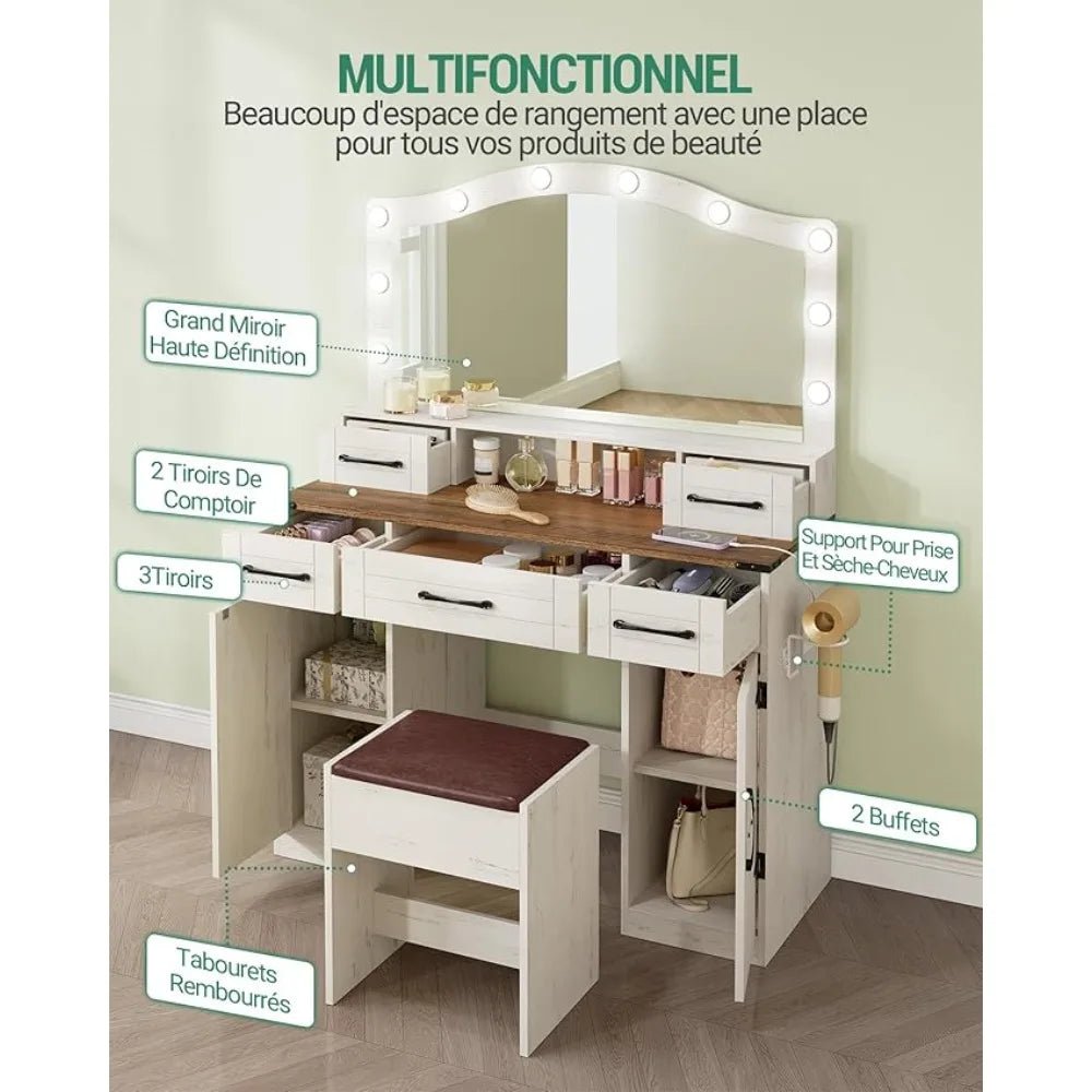 Dressing Table, with Large Mirror and LED Light, Dressing Table with Stool, Outlet and Hairdryer Holder - Recipeliebe.com