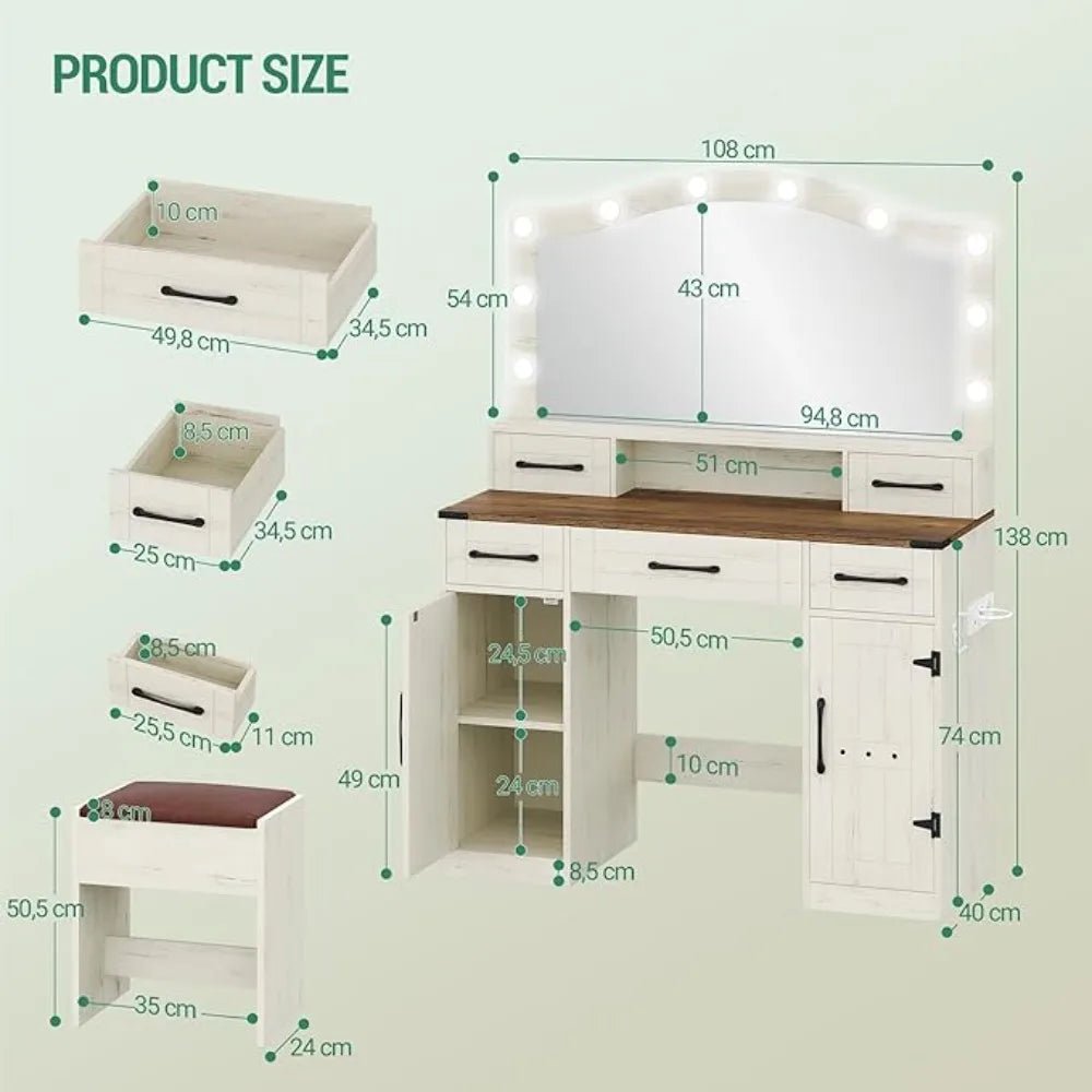 Dressing Table, with Large Mirror and LED Light, Dressing Table with Stool, Outlet and Hairdryer Holder - Recipeliebe.com