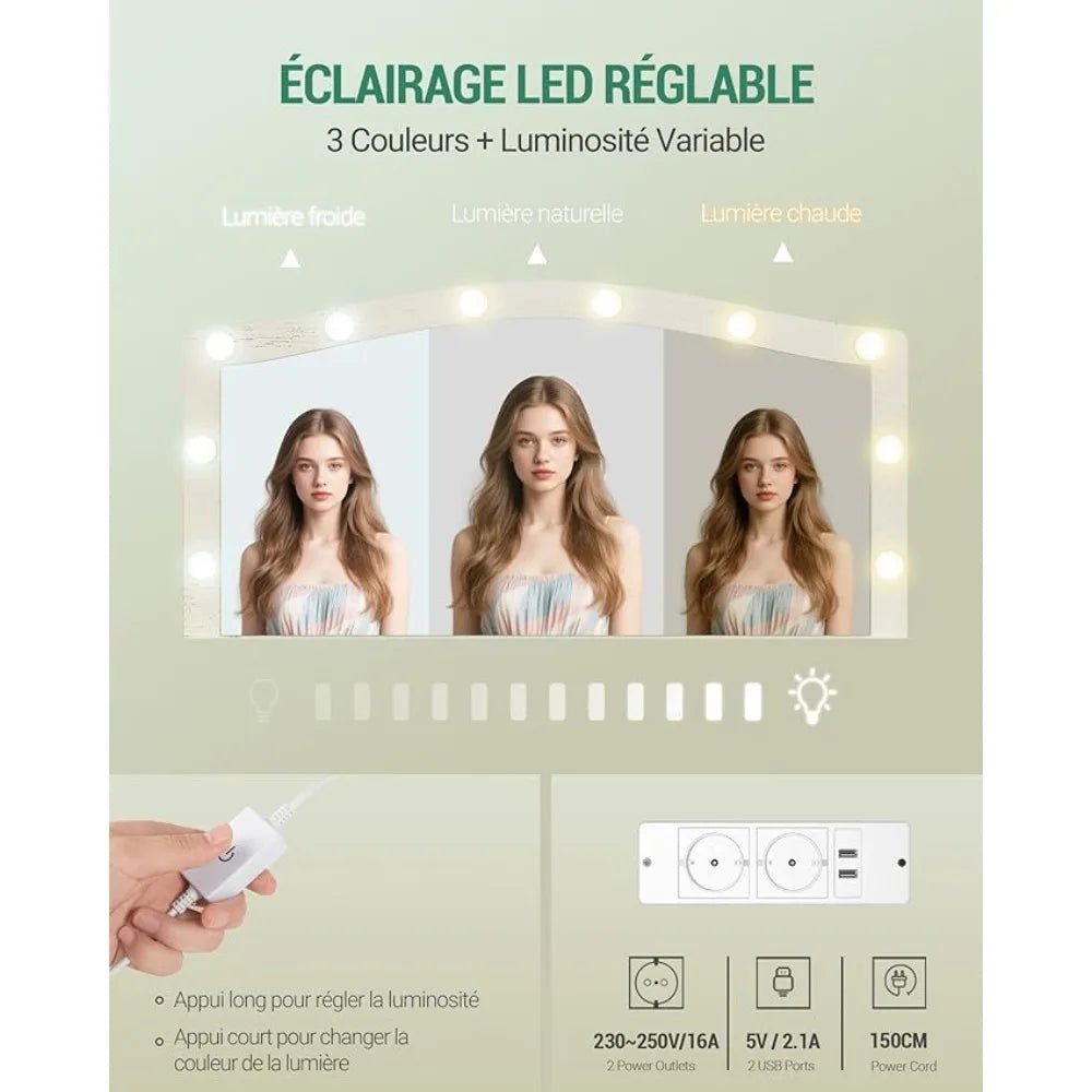 Dressing Table, with Large Mirror and LED Light, Dressing Table with Stool, Outlet and Hairdryer Holder - Recipeliebe.com