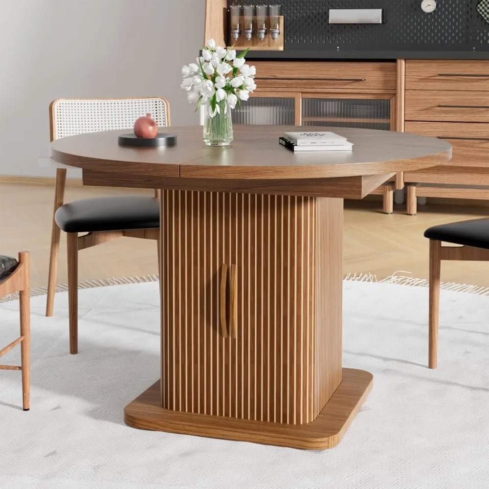Extendable Round Dining Table for 4 - 6 - 8, 59 Inch Dining Room Kitchen Table with Storage, Fluted Wood Slide Door, Modern Oval - Recipeliebe.com
