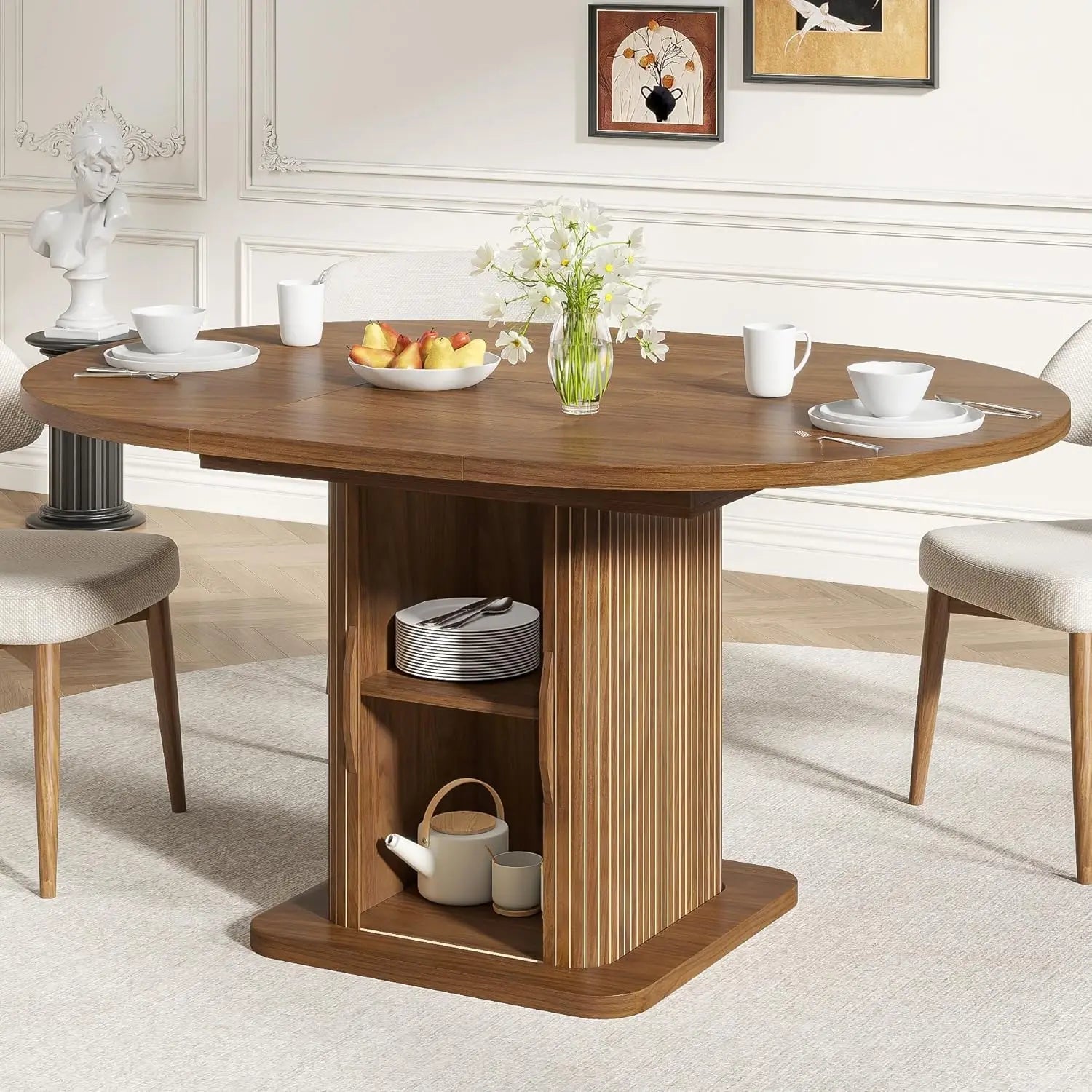 Extendable Round Dining Table for 4 - 6 - 8, 59 Inch Dining Room Kitchen Table with Storage, Fluted Wood Slide Door, Modern Oval - Recipeliebe.com