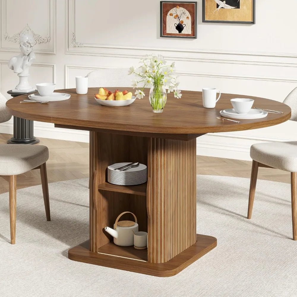 Extendable Round Dining Table for 4 - 6 - 8, 59 Inch Dining Room Kitchen Table with Storage, Fluted Wood Slide Door, Modern Oval - Recipeliebe.com