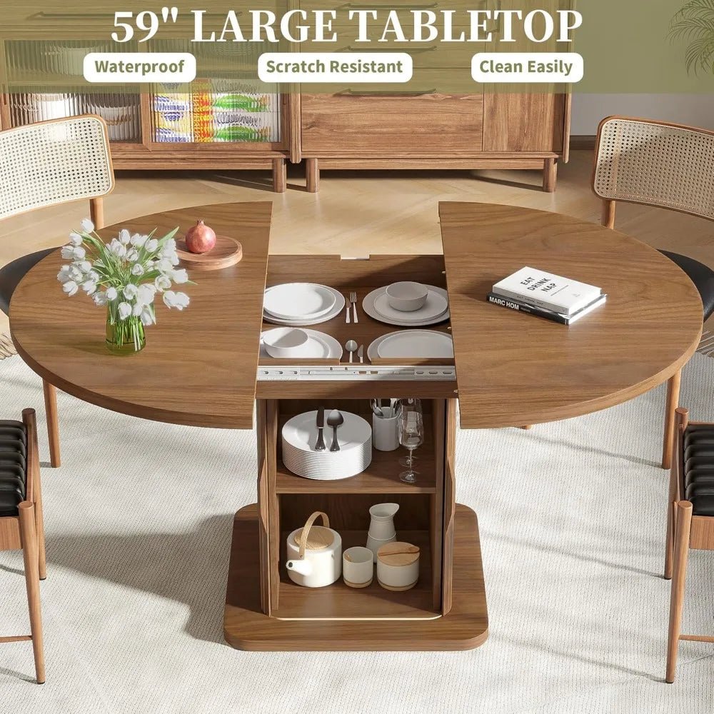 Extendable Round Dining Table for 4 - 6 - 8, 59 Inch Dining Room Kitchen Table with Storage, Fluted Wood Slide Door, Modern Oval - Recipeliebe.com