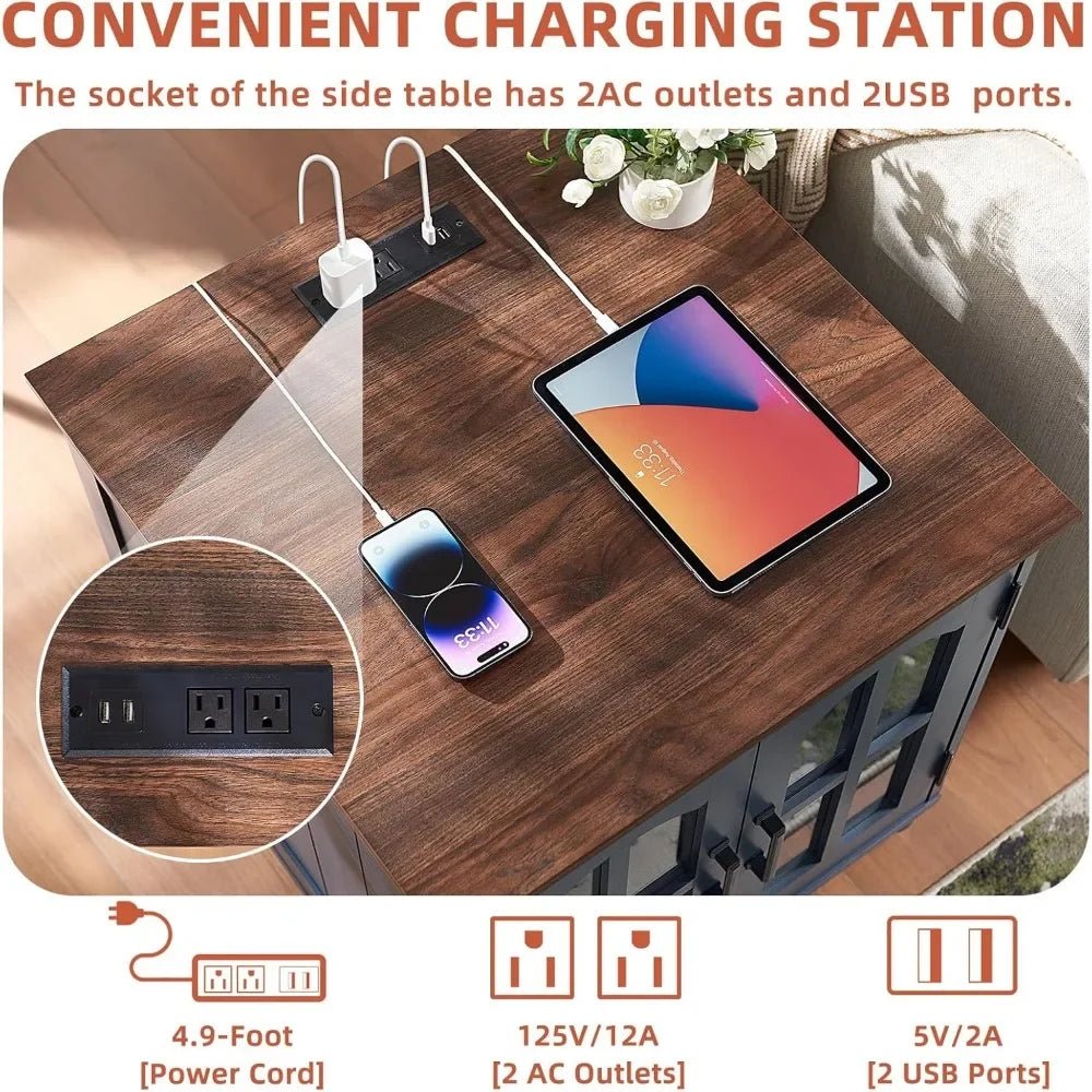 Farmhouse End Table with Charging Station,24" Large Sofa Side Table with Glass Barn Door,Rustic Wood Night Stand with Adjustable - Recipeliebe.com