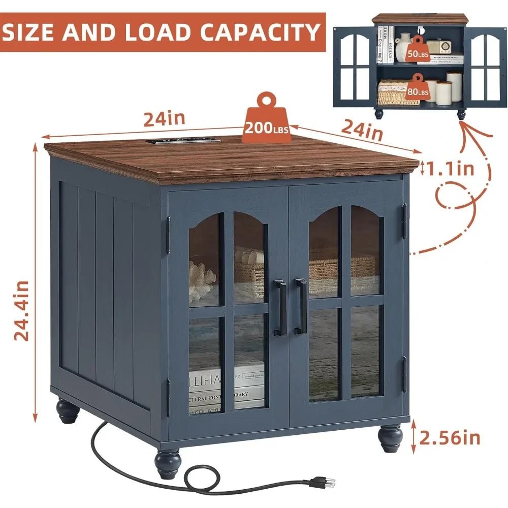 Farmhouse End Table with Charging Station,24" Large Sofa Side Table with Glass Barn Door,Rustic Wood Night Stand with Adjustable - Recipeliebe.com
