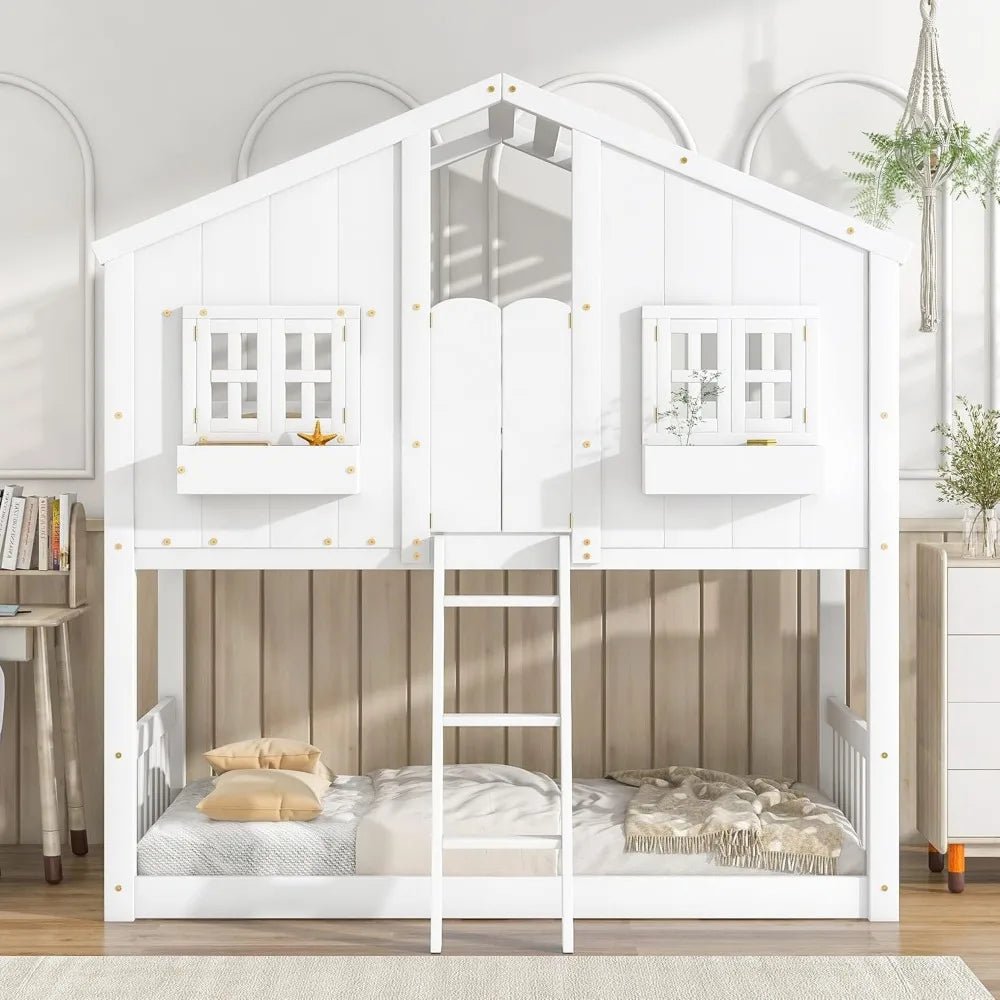 Harper & Bright Designs House Bunk Bed Twin Over Twin Kids Bunk Bed Wood Frame with Roof, Window, Window Box, Door, Safety Guard - Recipeliebe.com