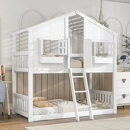 Harper & Bright Designs House Bunk Bed Twin Over Twin Kids Bunk Bed Wood Frame with Roof, Window, Window Box, Door, Safety Guard - Recipeliebe.com