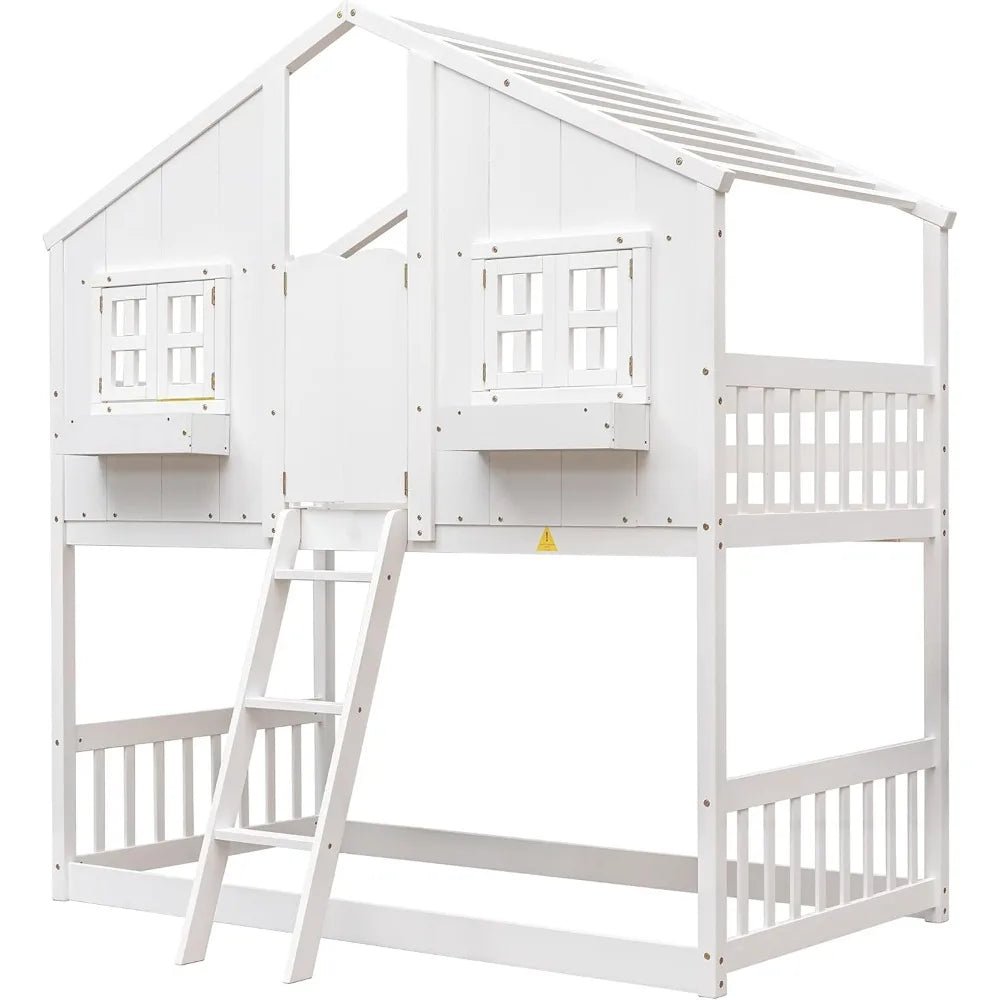 Harper & Bright Designs House Bunk Bed Twin Over Twin Kids Bunk Bed Wood Frame with Roof, Window, Window Box, Door, Safety Guard - Recipeliebe.com