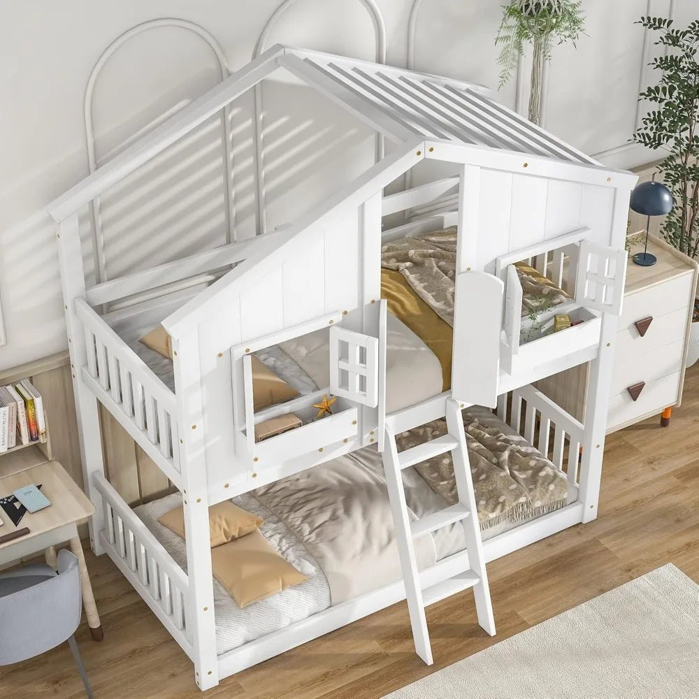 Harper & Bright Designs House Bunk Bed Twin Over Twin Kids Bunk Bed Wood Frame with Roof, Window, Window Box, Door, Safety Guard - Recipeliebe.com