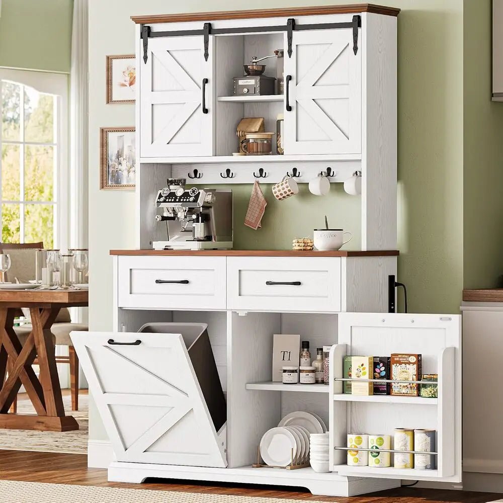 IRONCK 72" Kitchen Pantry Storage Cabinet, Farmhouse Kitchen Hutch with Microwave Stand & Charging Station, Trash Can Cabinet - Recipeliebe.com