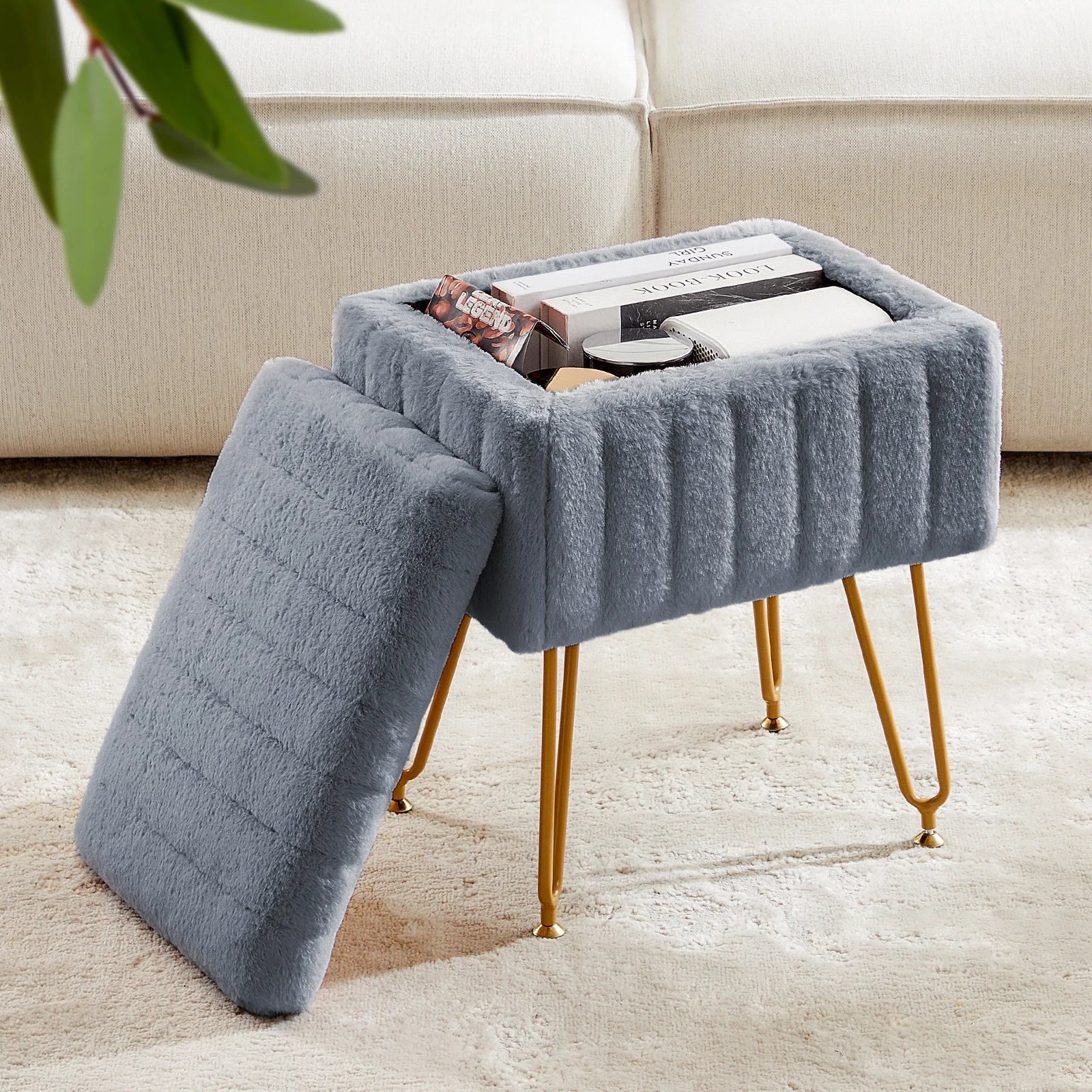 JHK Faux Fur Living Room Hidden Storage Stools & Ottomans Padded Makeup with 4 Metal Legs Anti - Slip Adjustable Feet for Home - Bakesbyemily.com