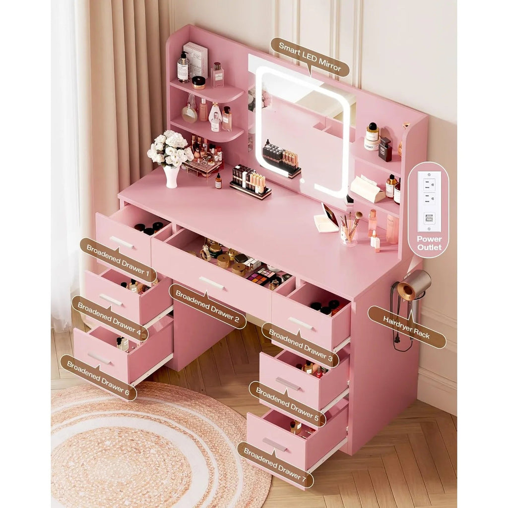 Large Makeup Vanity Desk. Pink, 43.3'Wx15.7'Dx53.2'H (Samrt LED Mirror, 4 Open Shelves, 7 Drawers, Hairdryer Rack, Power - Outet) - Recipeliebe.com