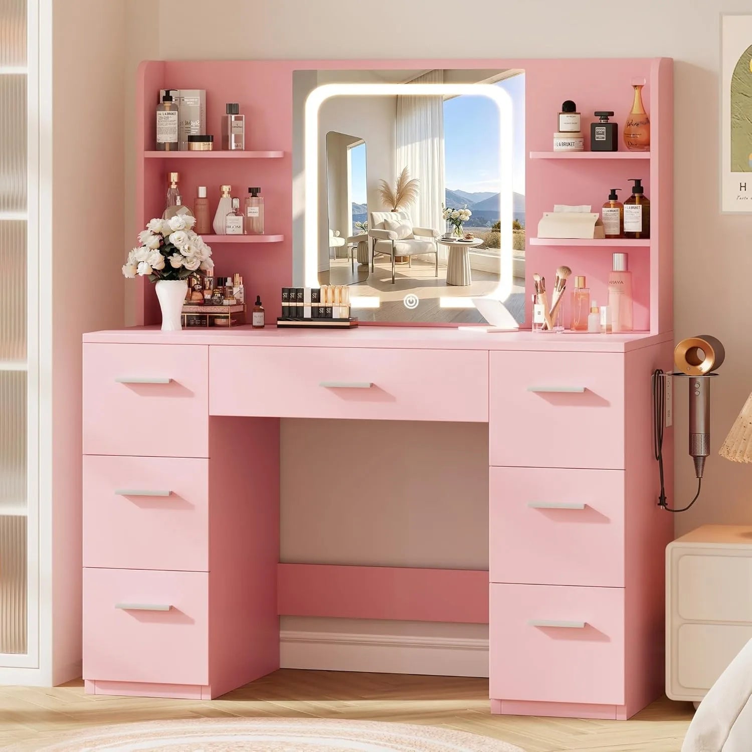 Large Makeup Vanity Desk. Pink, 43.3'Wx15.7'Dx53.2'H (Samrt LED Mirror, 4 Open Shelves, 7 Drawers, Hairdryer Rack, Power - Outet) - Recipeliebe.com